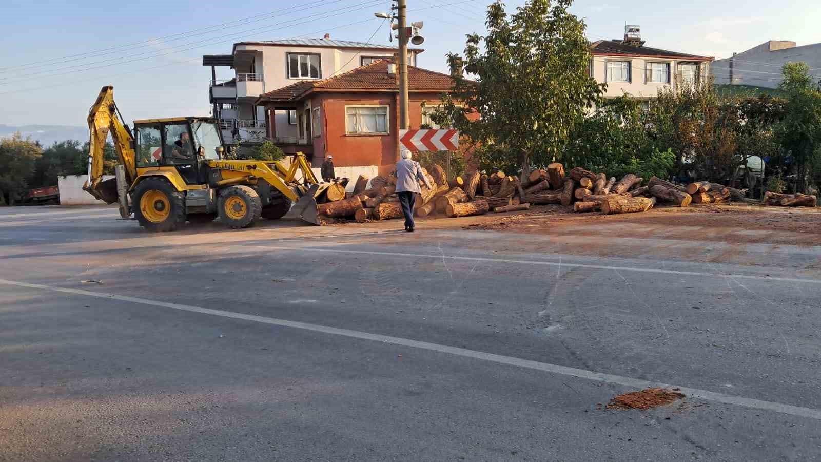 Kamyon virajı alamadı, tomruklar yola saçıldı
