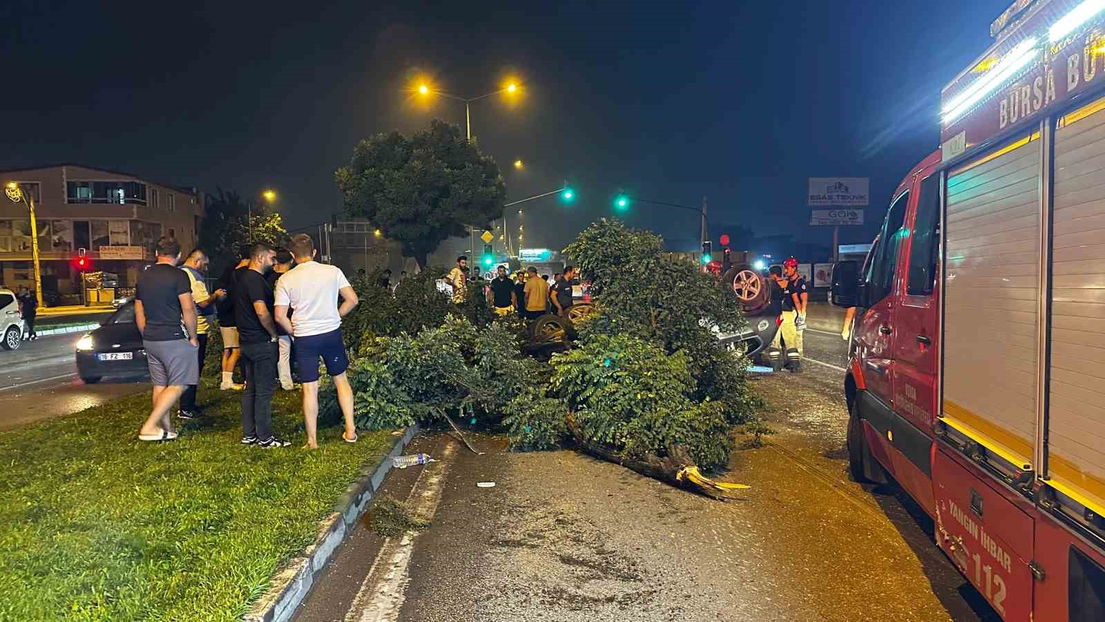 Bursa’da feci kaza: Önce ağaçları yıktı, sonra takla atarak karşı seride uçtu
