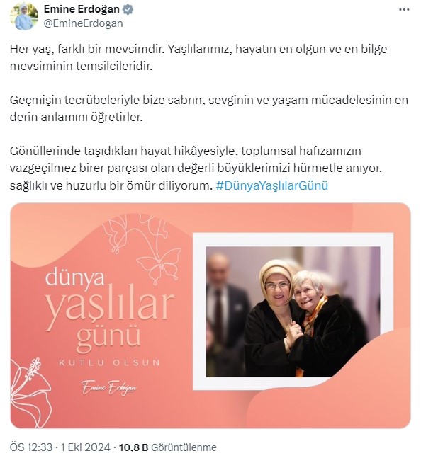 Emine Erdoğan’dan &quot;Dünya Yaşlılar Günü&quot; mesajı