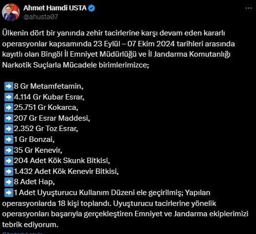 Bingöl’de son bir haftanın asayiş verileri açıklandı: 28 gözaltı, 2 tutuklama