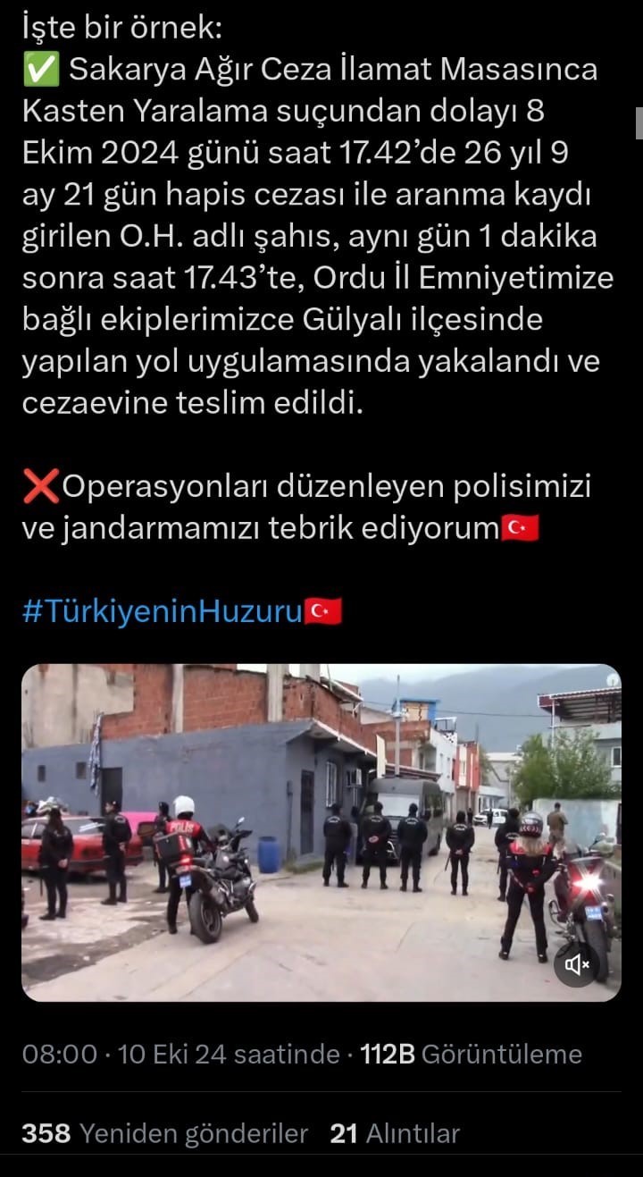 26 yıl 9 ay 21 gün hapis cezası ile aranma kaydı girilen sanık 1 dakikada yakalandı
