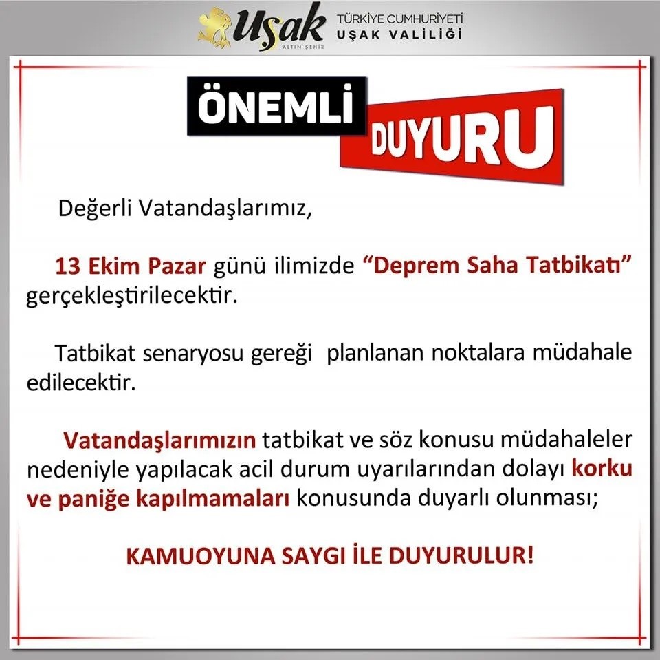 Uşak’ta Deprem Saha Tatbikatı gerçekleştirilecek