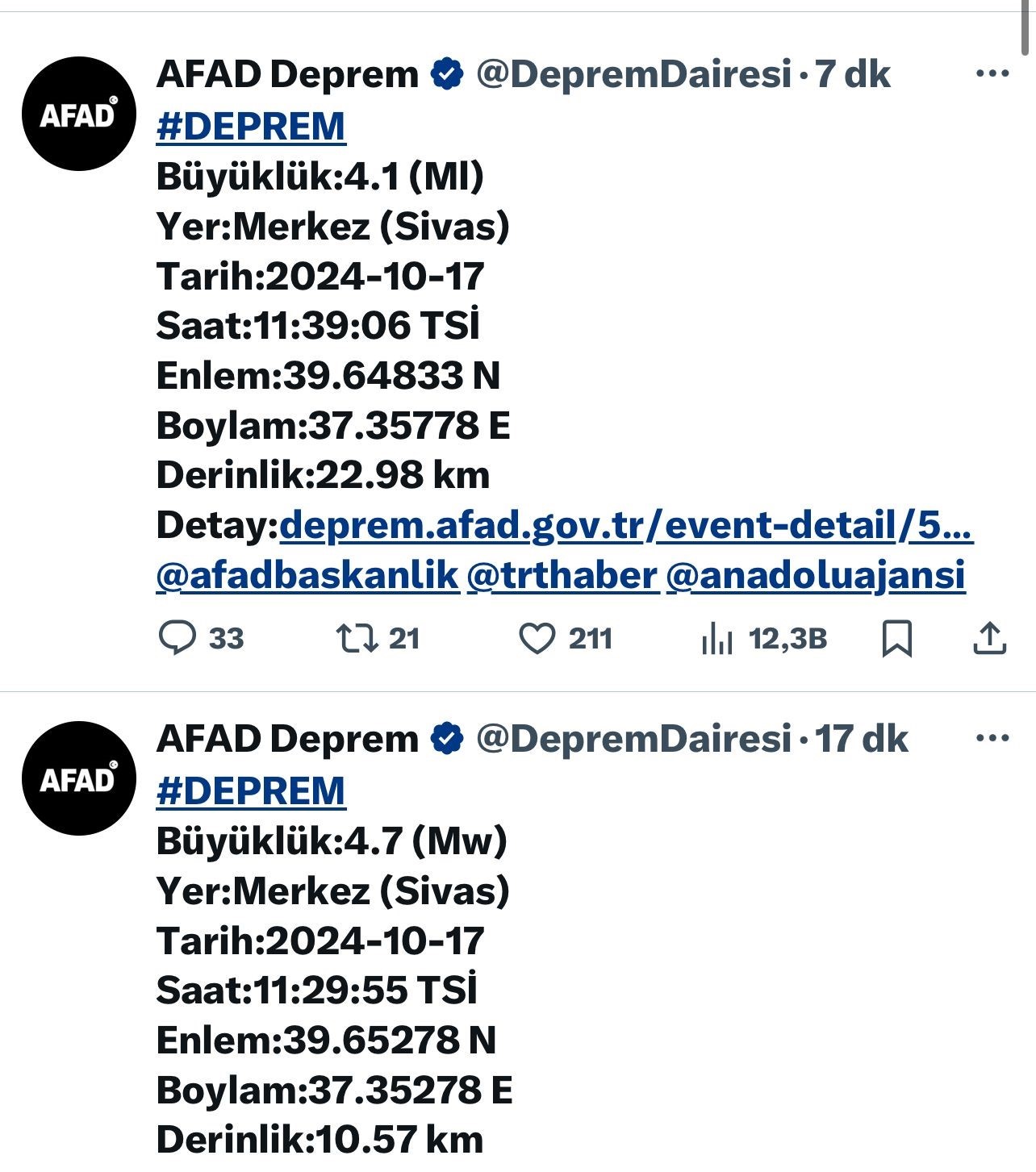 Sivas’ta on dakika arayla iki deprem