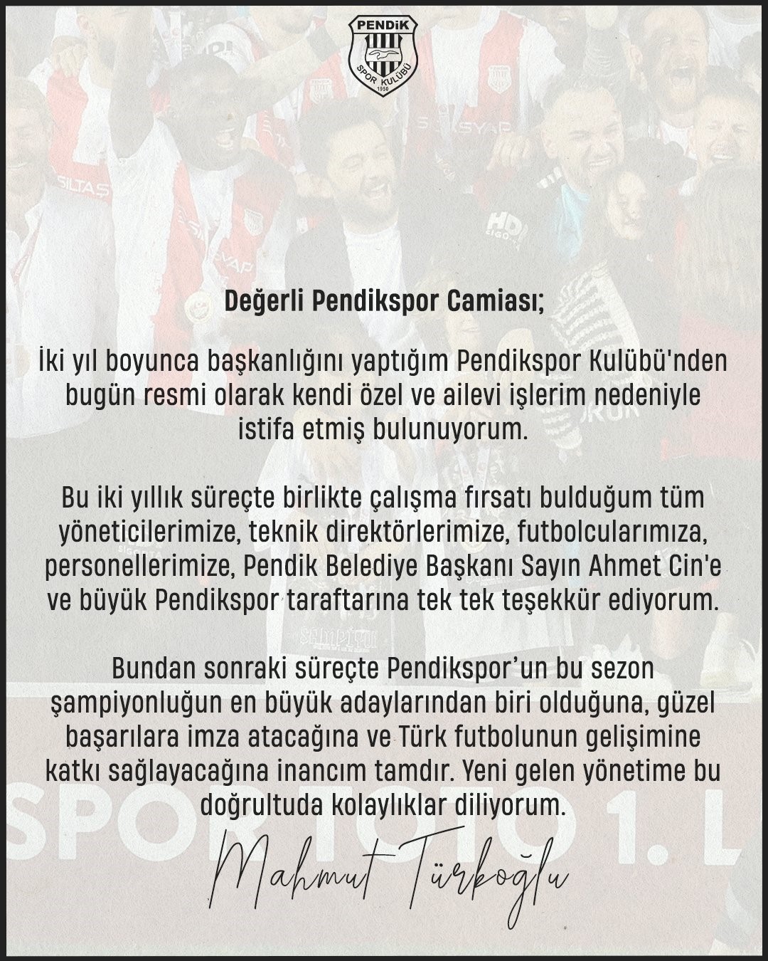 Pendikspor’da Başkan Mahmut Türkoğlu istifa etti