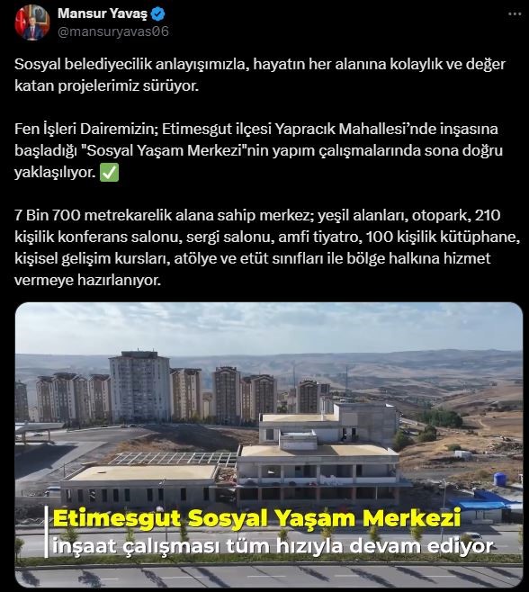 Ankara Büyükşehir Belediyesinden Etimesgut’a "Sosyal Yaşam Merkezi"
