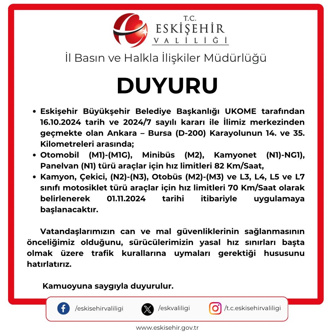 Eskişehir’den geçen Ankara-Bursa karayolundaki hız limiti düşürüldü