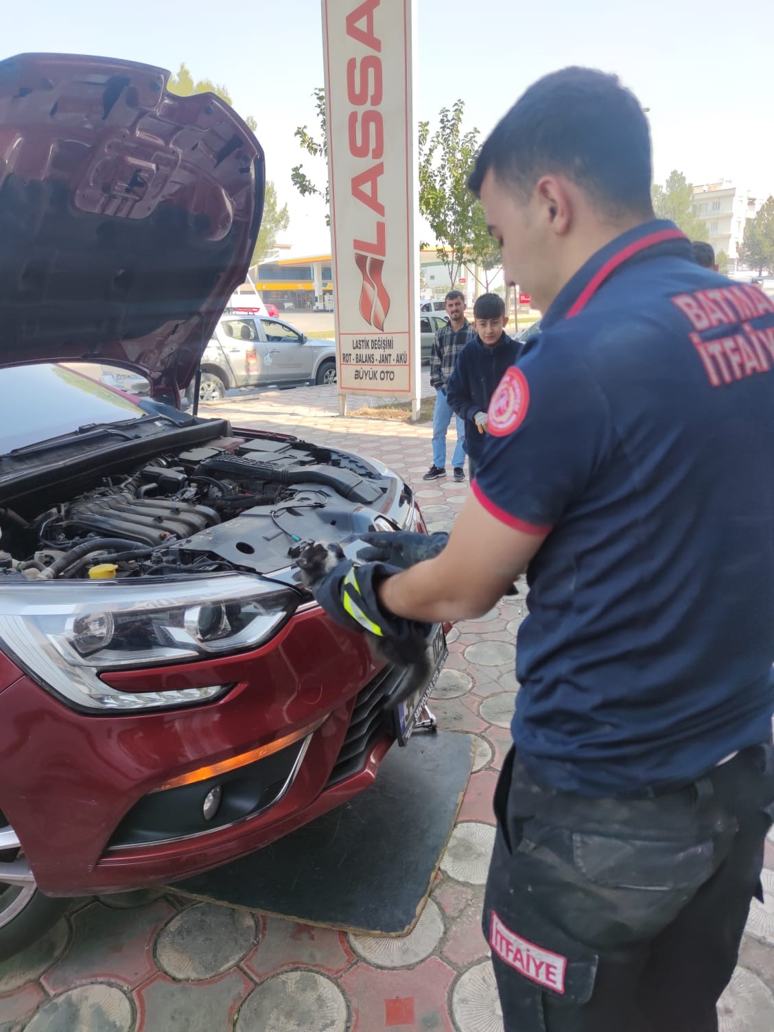 Batman’da araç motoruna giren kedi kurtarıldı