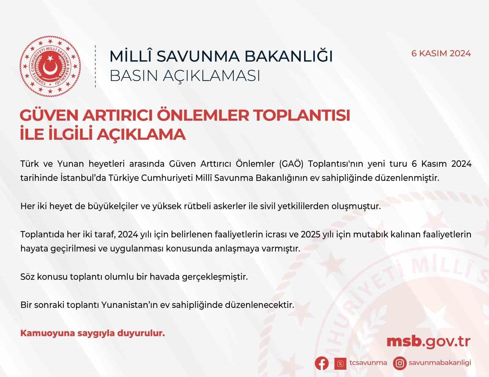 MSB: &quot;Yunanistan ile Güven Artırıcı Önlemler Toplantısı olumlu bir havada gerçekleşmiştir&quot;