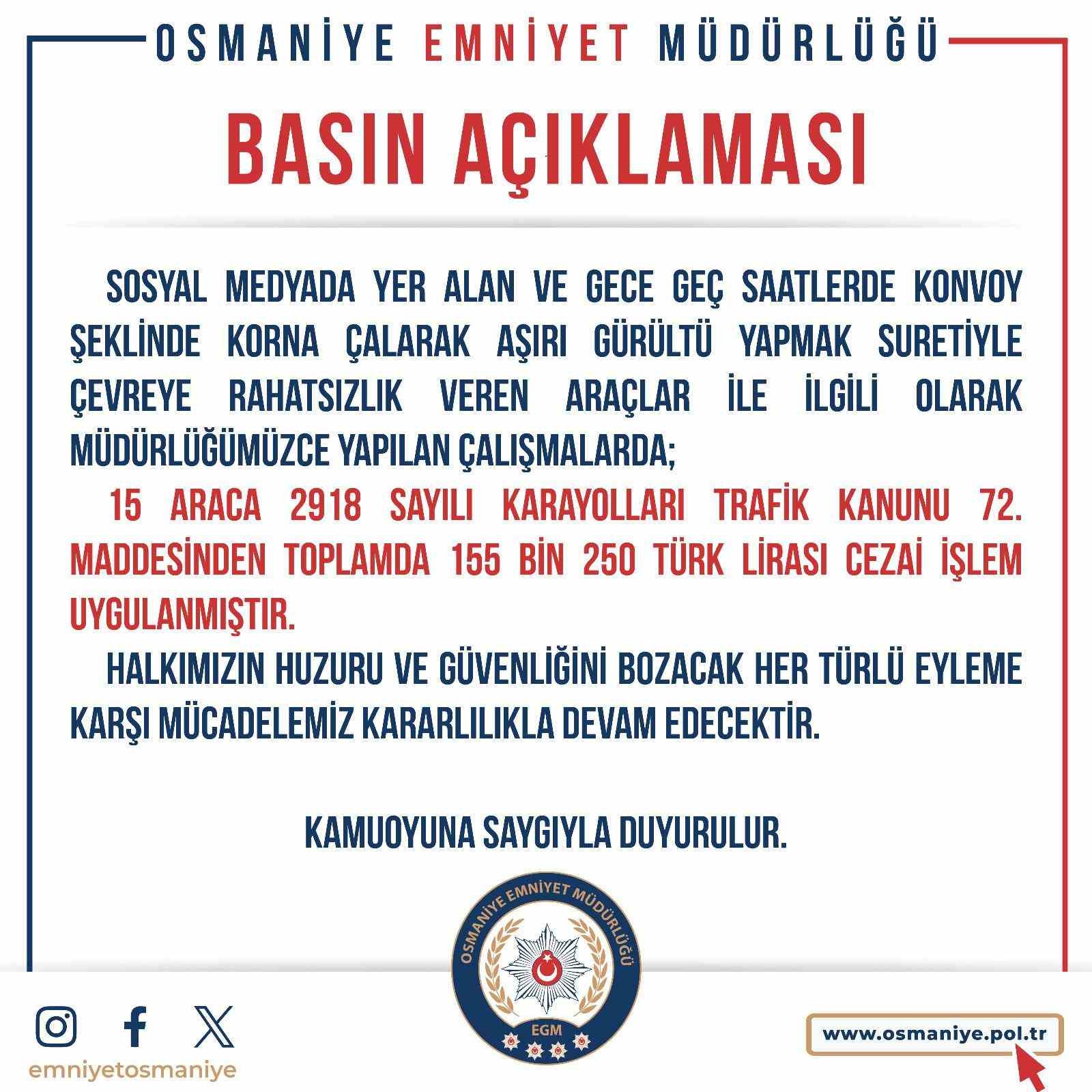 Osmaniye’de düğün konvoyuna ceza yağdı
