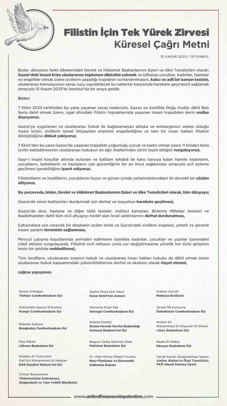 Emine Erdoğan: "İsrail ateşiyle sınanan tüm mazlumların güvene ve hak ettikleri barışa ulaşmaları için kararlılıkla mücadeleye devam edeceğiz"