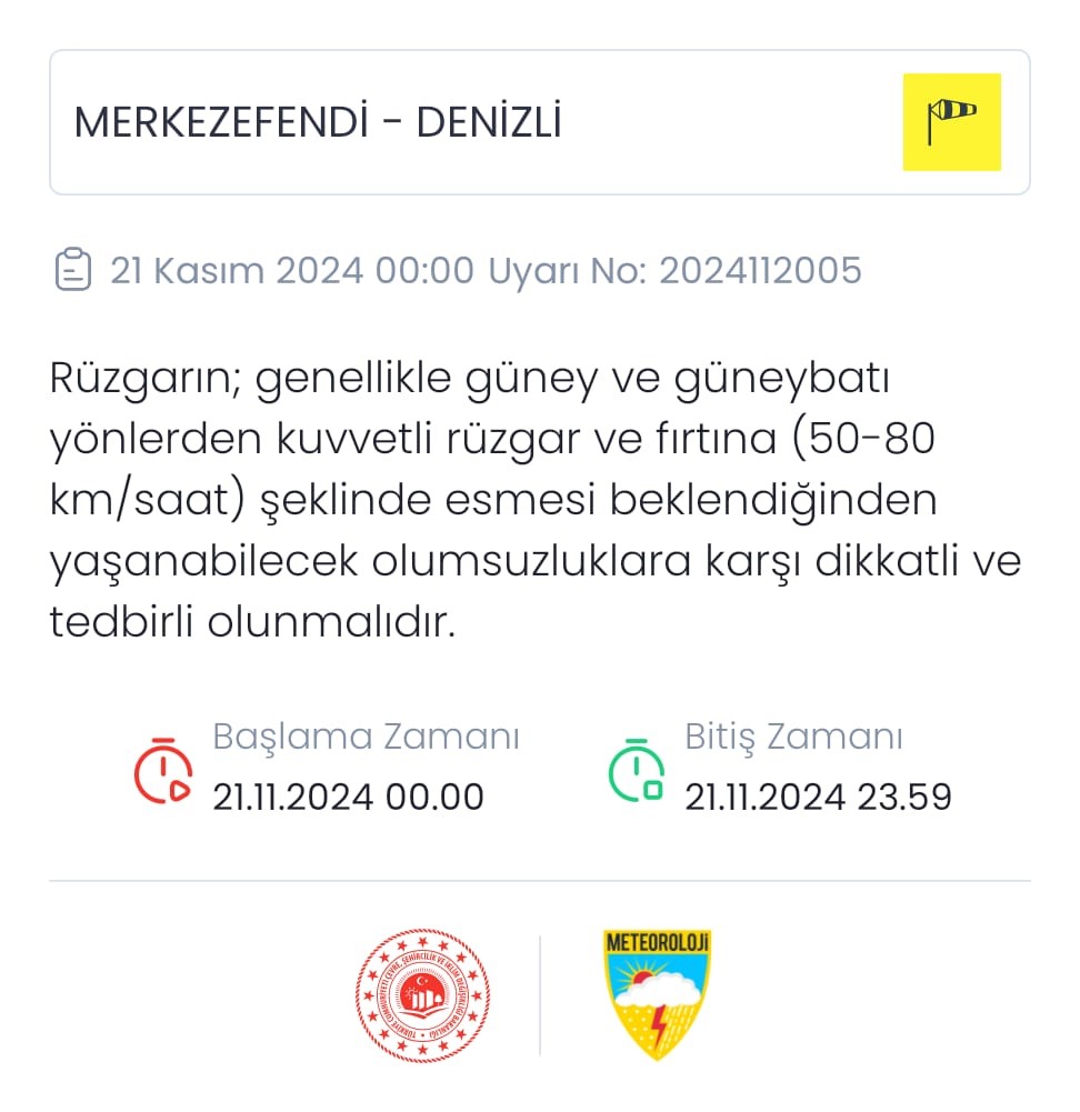 Meteoroloji Denizli&rsquo;yi kuvvetli r&uuml;zgar ve fırtınaya karşı uyardı

