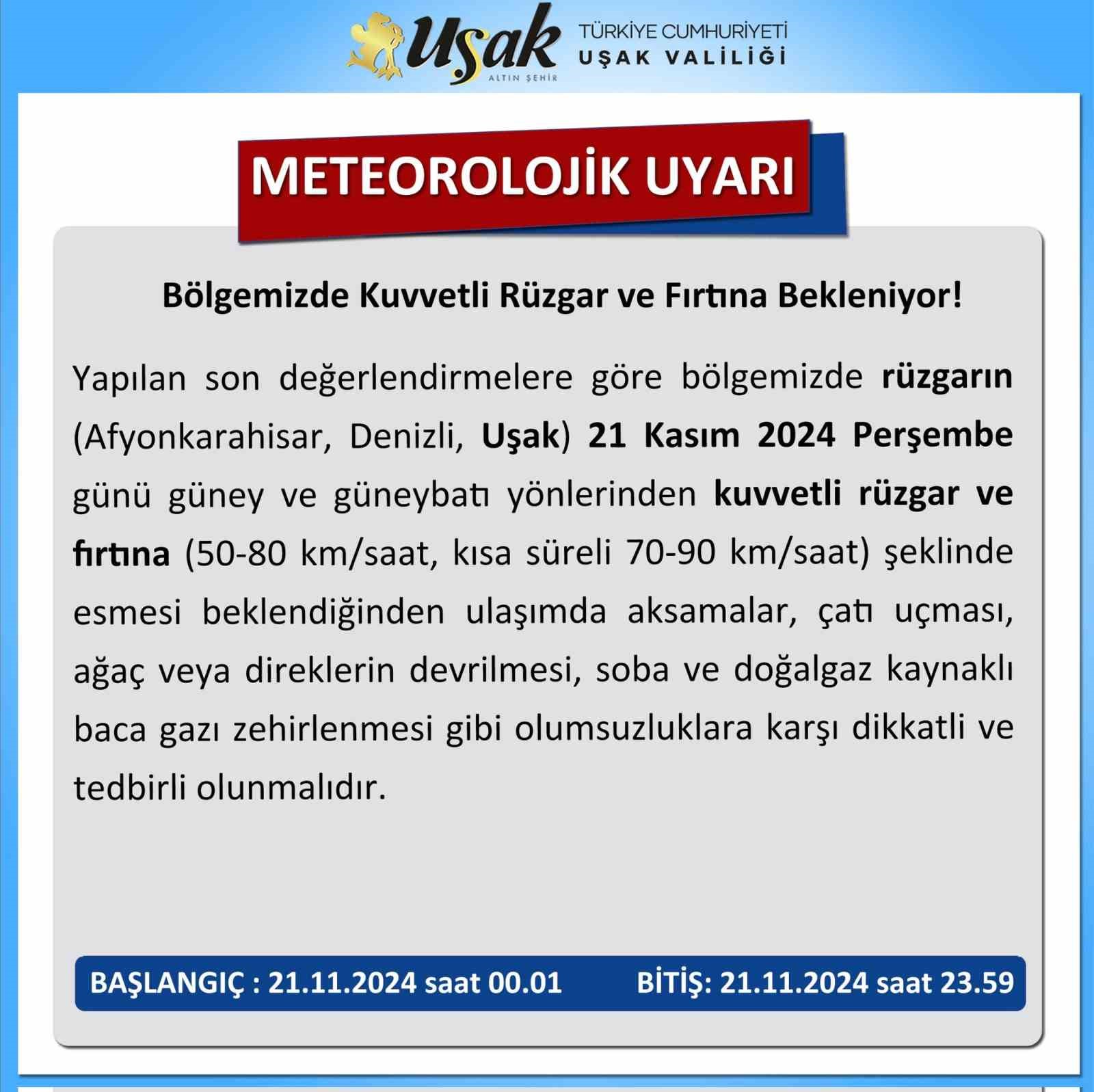 Uşak Valiliğinden kuvvetli rüzgar ve fırtına uyarısı