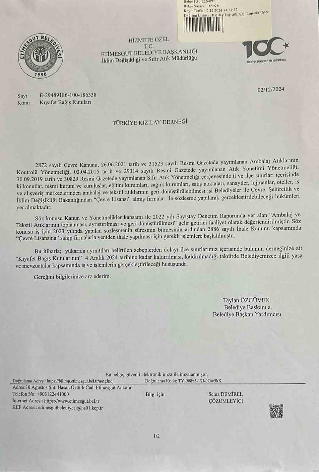 AK Parti Etimesgut Belediye Meclis Üyesi Çağlar, Etimesgut Belediyesinin Türk Kızılay’a gönderdiği yazıya tepki gösterdi
