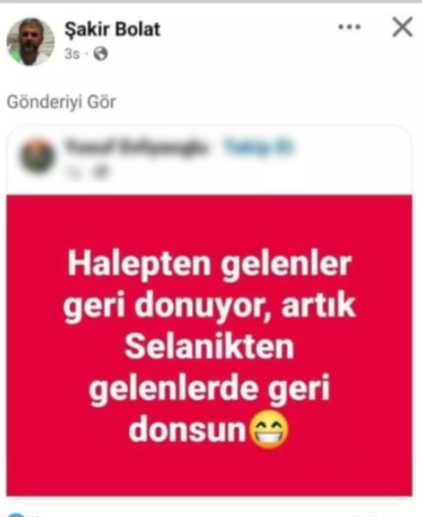 "Selanik&rsquo;ten gelenler de geri d&ouml;ns&uuml;n" paylaşımı nedeniyle g&ouml;revden uzaklaştırıldı
