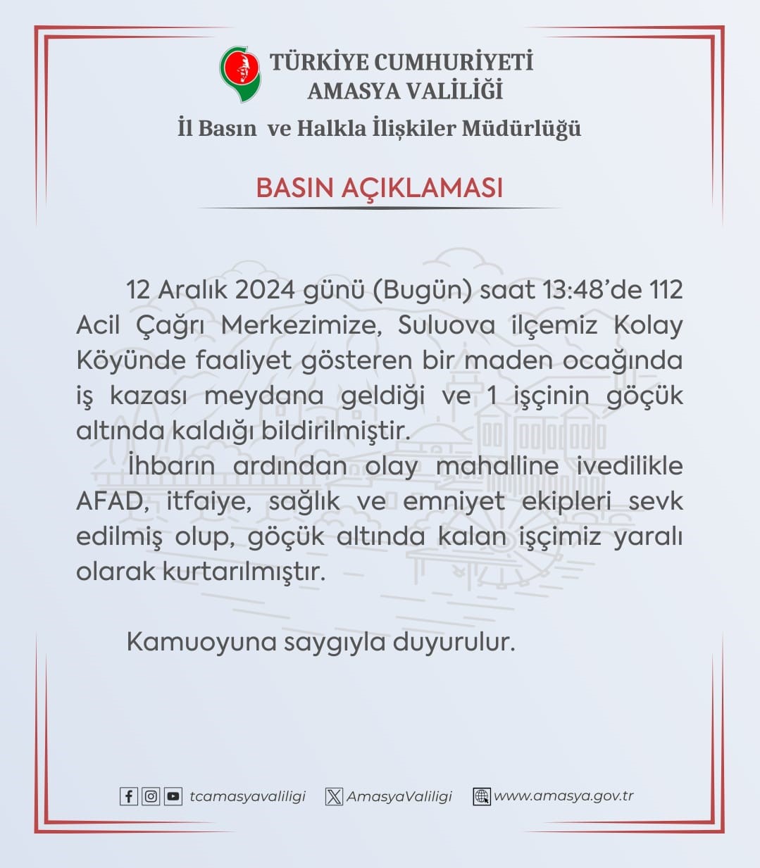 Amasya&rsquo;da maden ocağında g&ouml;&ccedil;&uuml;k: 1 yaralı
