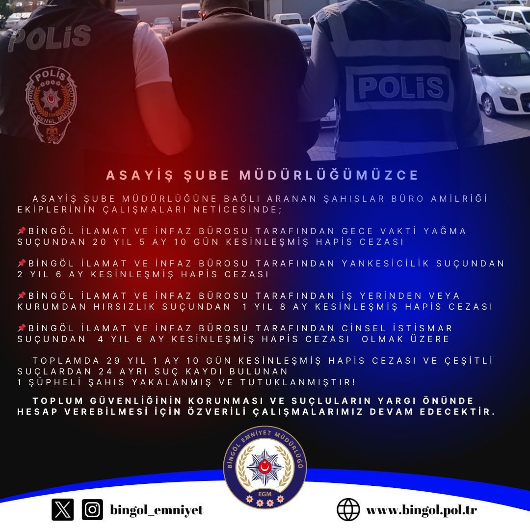 Bingöl’de 29 yıl kesinleşmiş hapis cezası bulunan şahıs yakalandı