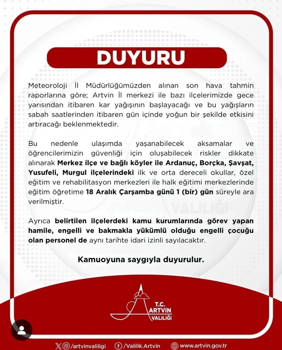 Artvin’de 6 ilçede okullara kar tatili