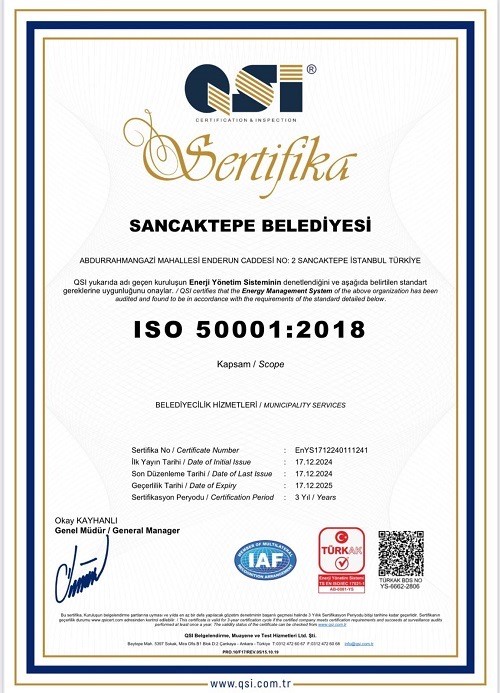 Sancaktepe Belediyesine enerji 50001 yönetim sistemi sertifikası verildi