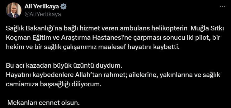 Bakanlar’dan helikopter kazasında vefat edenlere rahmet mesajı