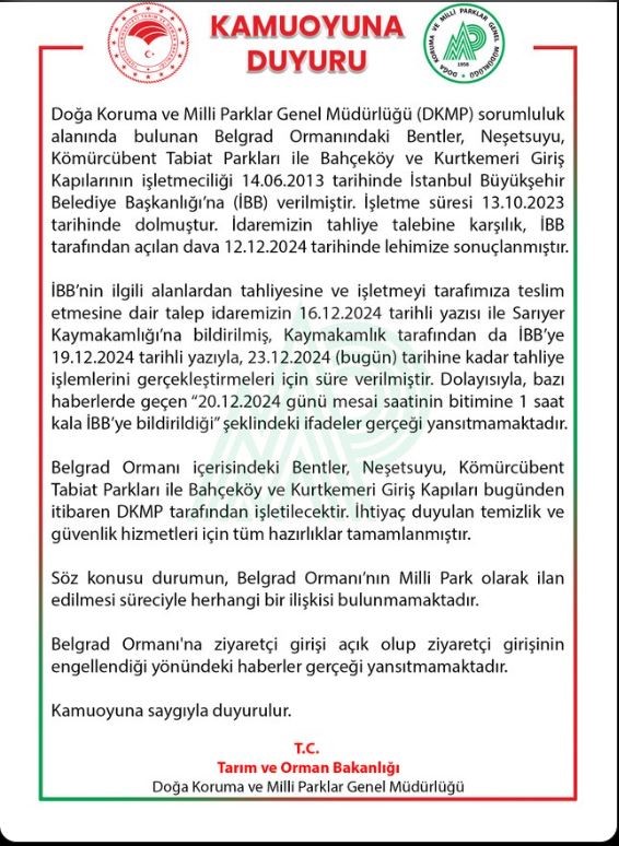 DKMP&rsquo;den &ldquo;İBB&rsquo;ye Belgrad Ormanları&rsquo;nın mesai bitimine 1 saat kala tahliyesi bildirildi&rdquo; iddiasına yalanlama
