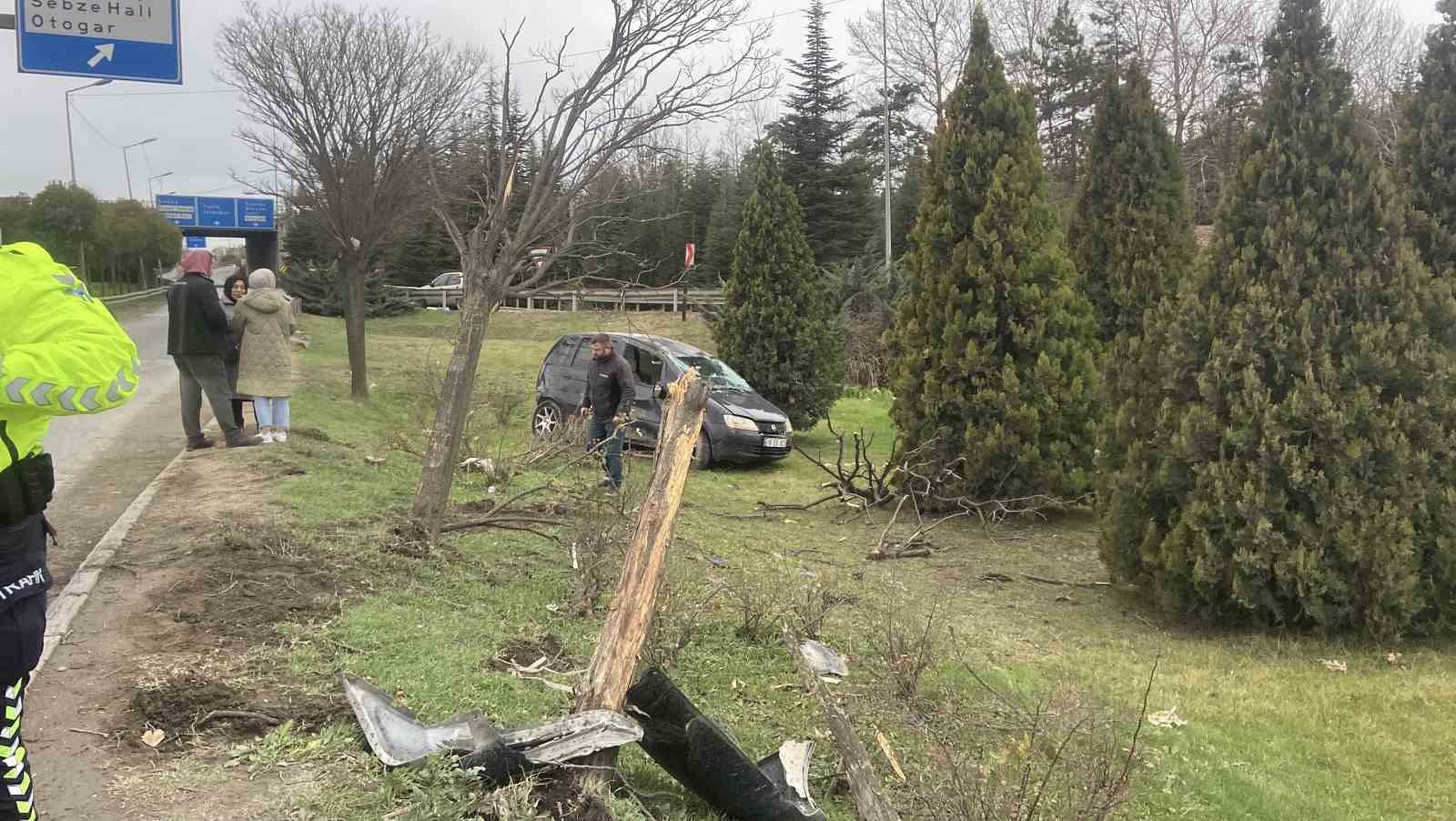 Takla atan otomobil ağaçları devrildi
