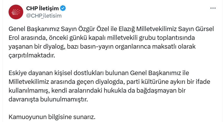 CHP’den, Genel Başkan Özel ve Elazığ Milletvekili Erol açıklaması