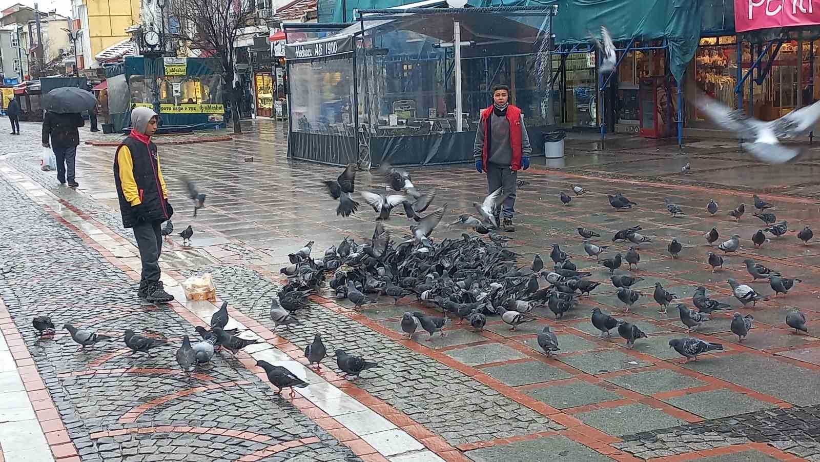 Soğukta aç kalan güvercinlerin yardımına yetiştiler
