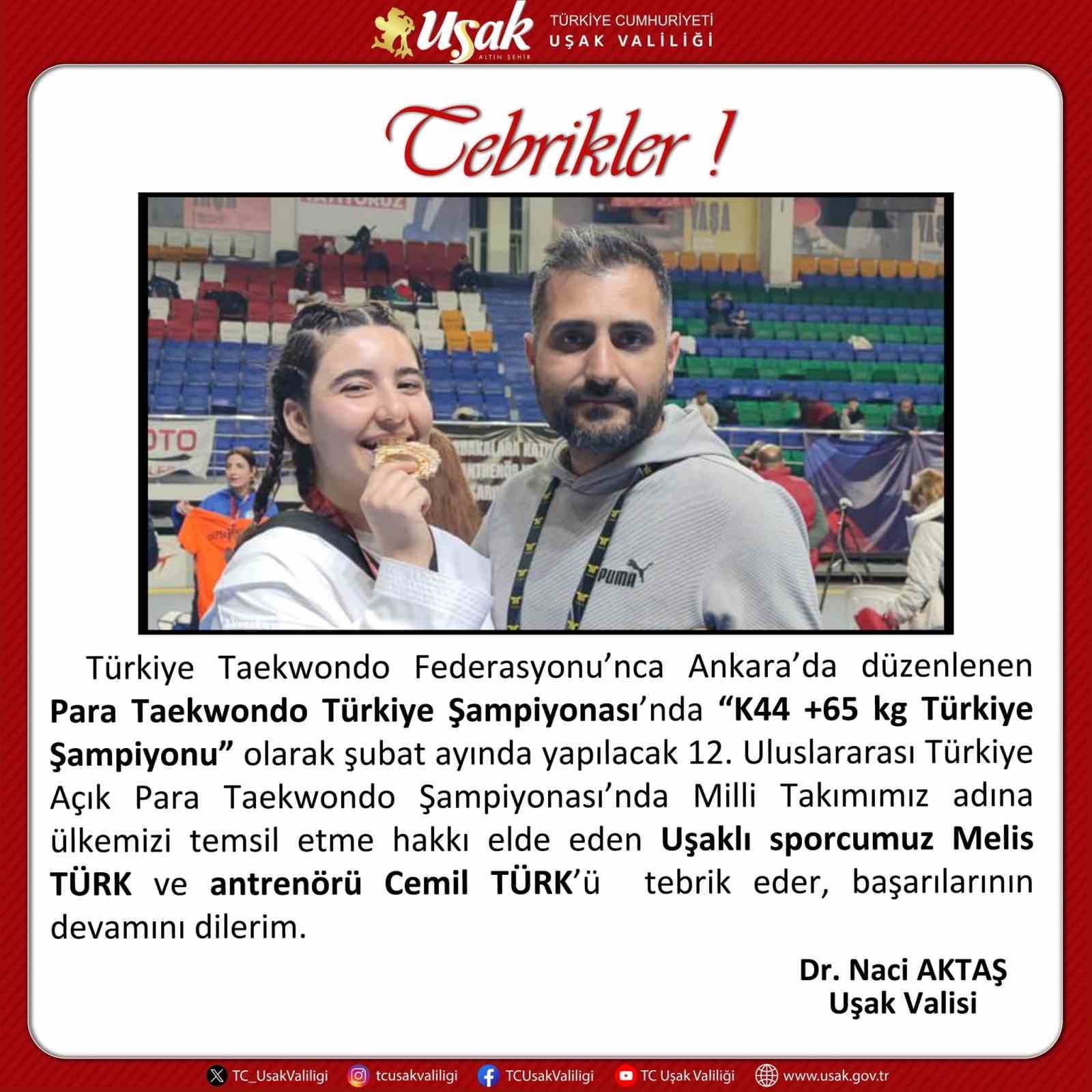 Vali Aktaş’tan Uşaklı sporcuya tebrik
