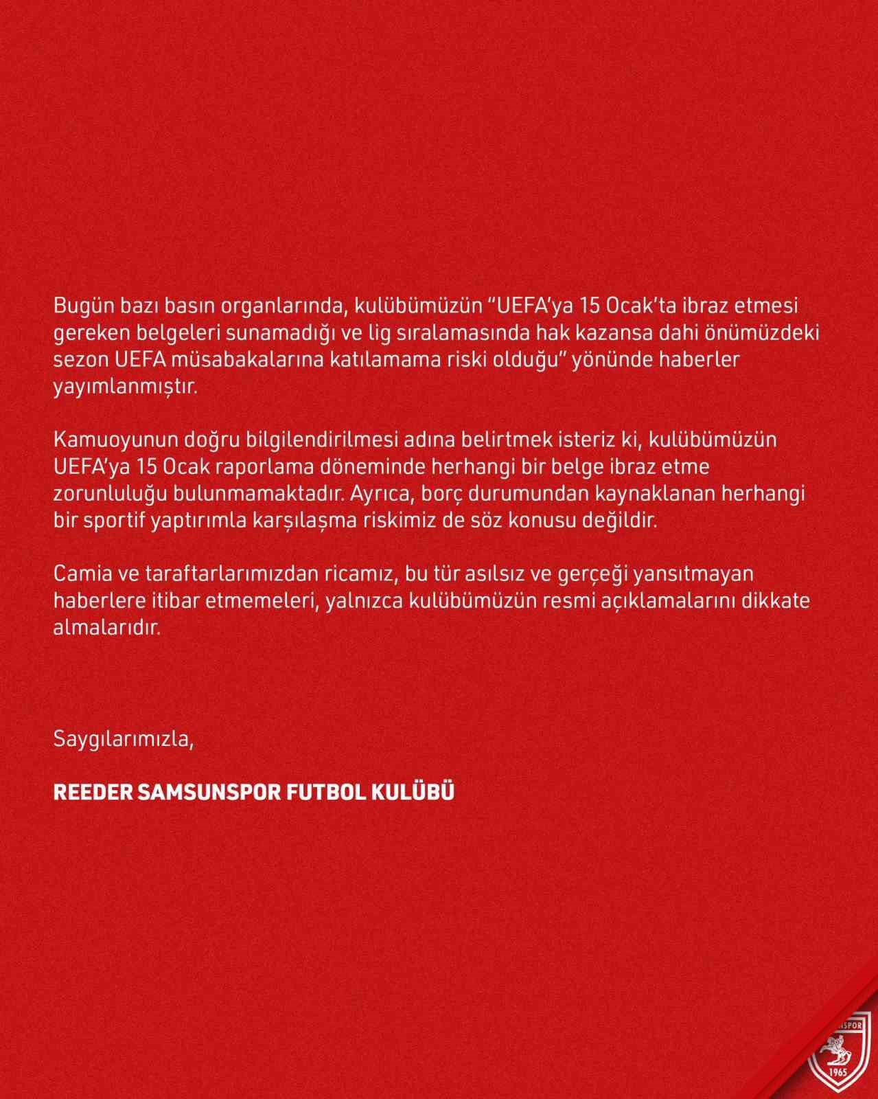 Samsunspor, Avrupa kupalarına katılamama haberlerini yalanladı