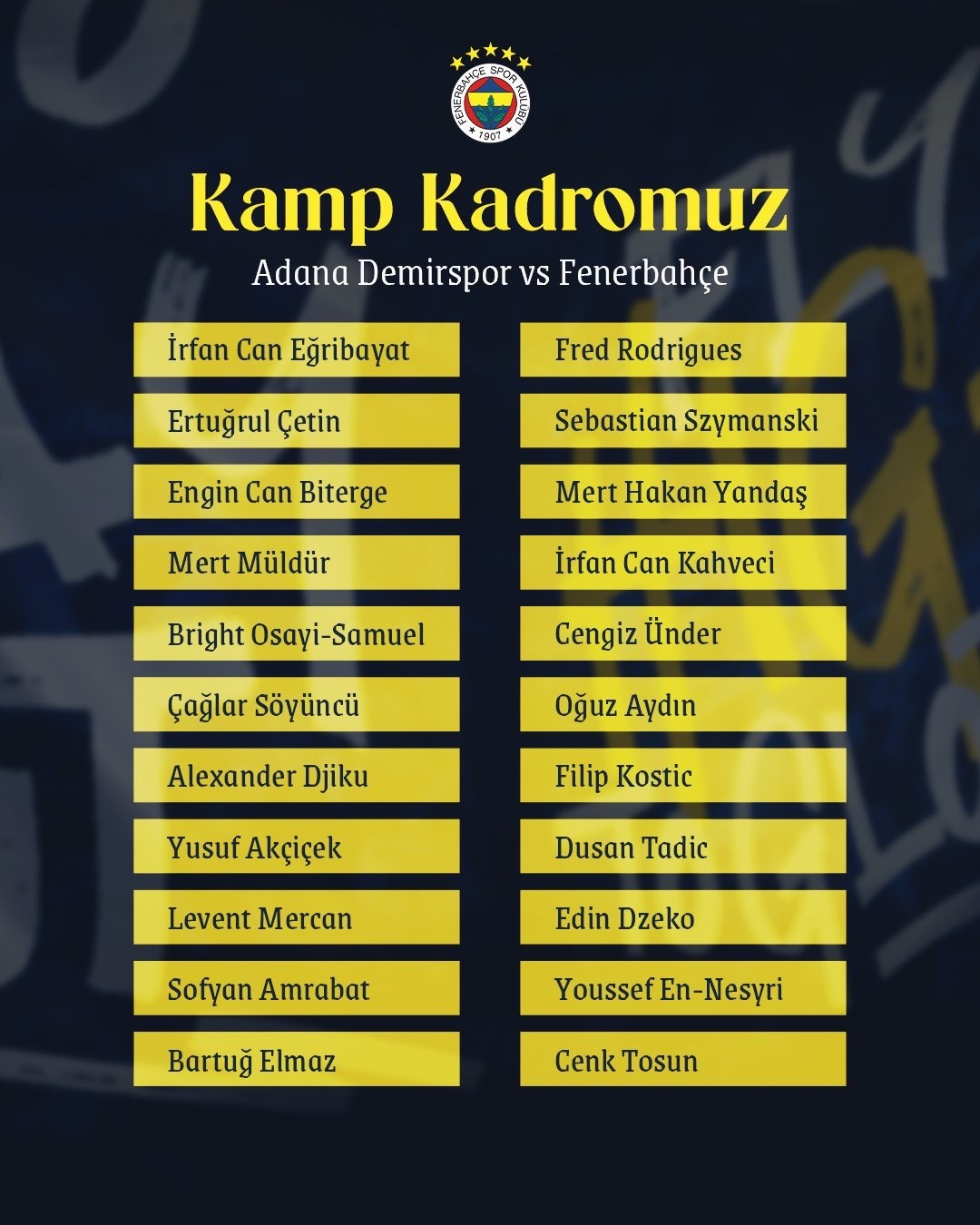 Fenerbahçe’nin, Adana Demirspor kamp kadrosu açıklandı