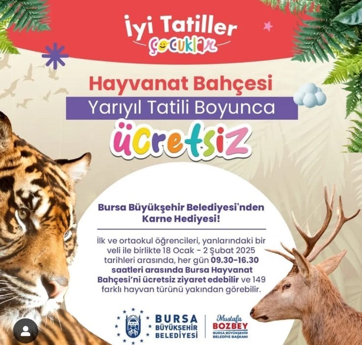 Bursa Hayvanat Bah&ccedil;esi, &ouml;ğrencilere tatil s&uuml;resince &uuml;cretsiz
