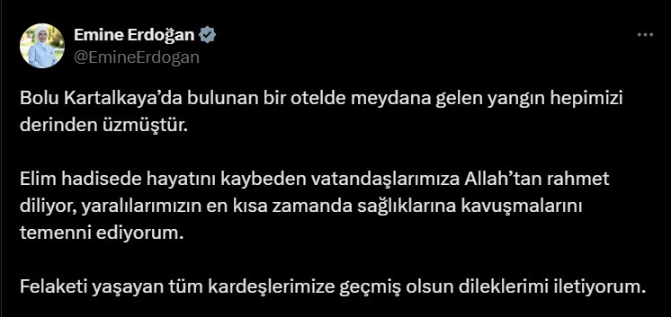 Emine Erdoğan’dan Kartalkaya’daki yangında hayatını kaybedenler için taziye mesajı