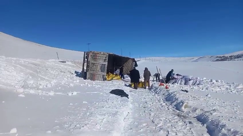 Erzurum’da yem yüklü kamyon devrildi
