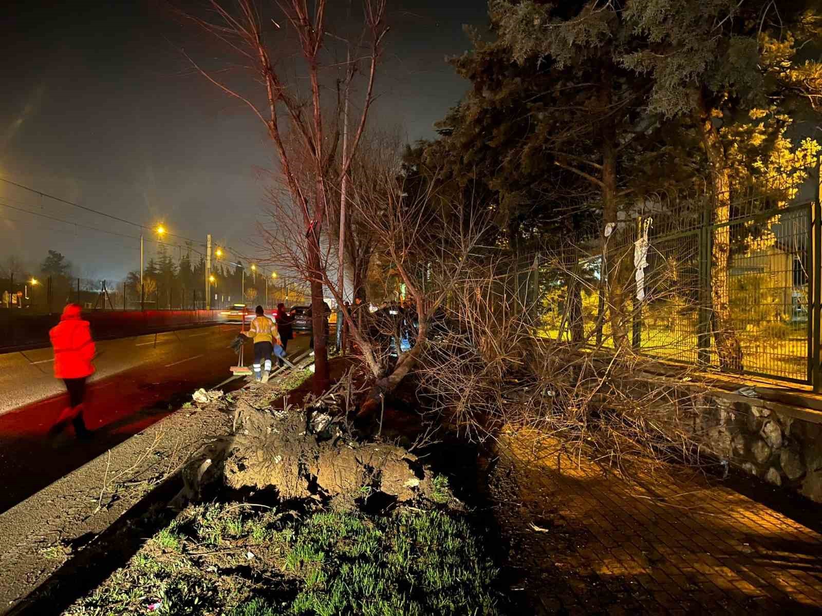 Trafikte makas atan araç önce ağaca, ardından aydınlatma direğine çarptı: 2 ağır yaralı