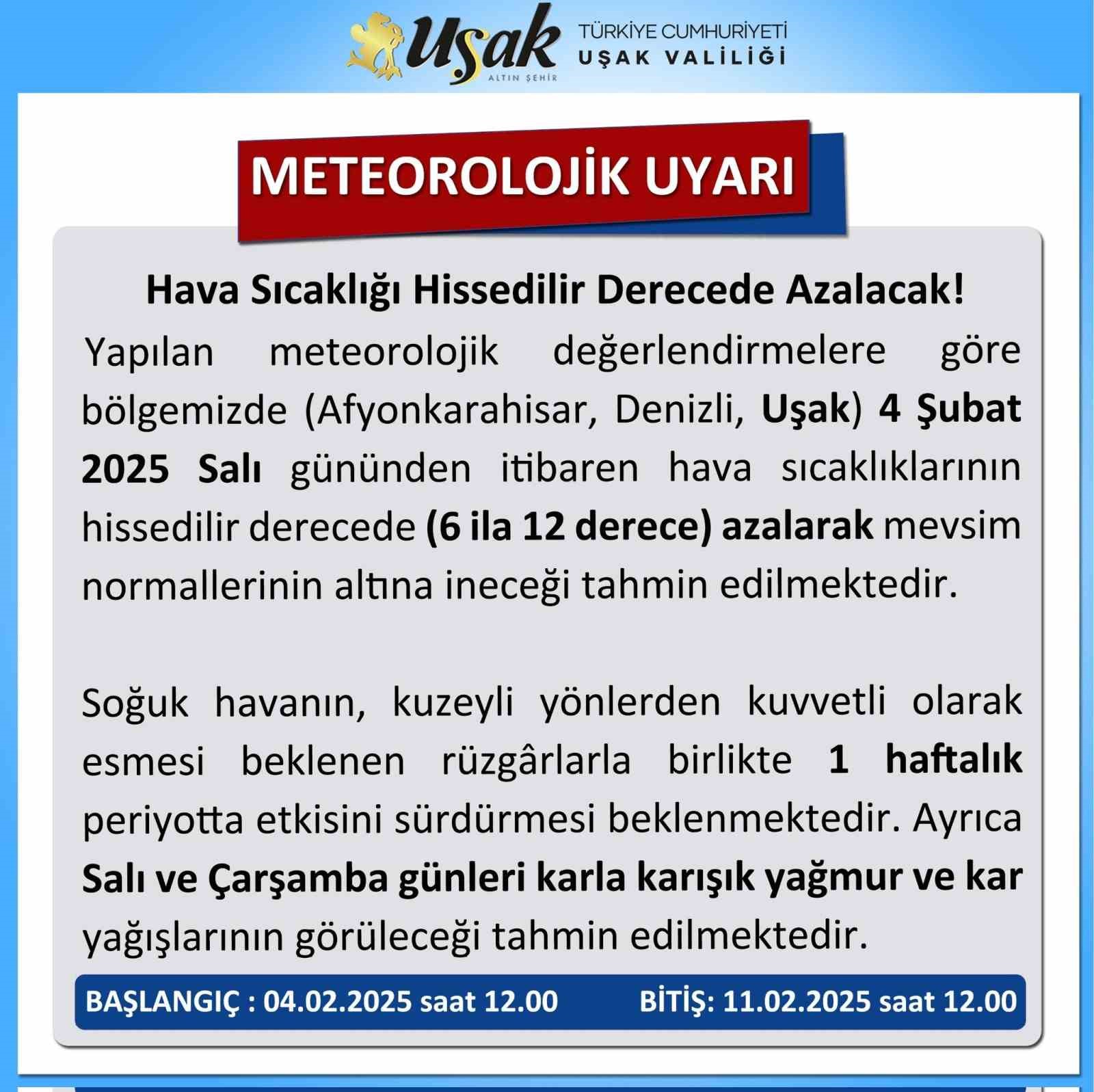 Uşak Valiliğinden soğuk hava uyarısı