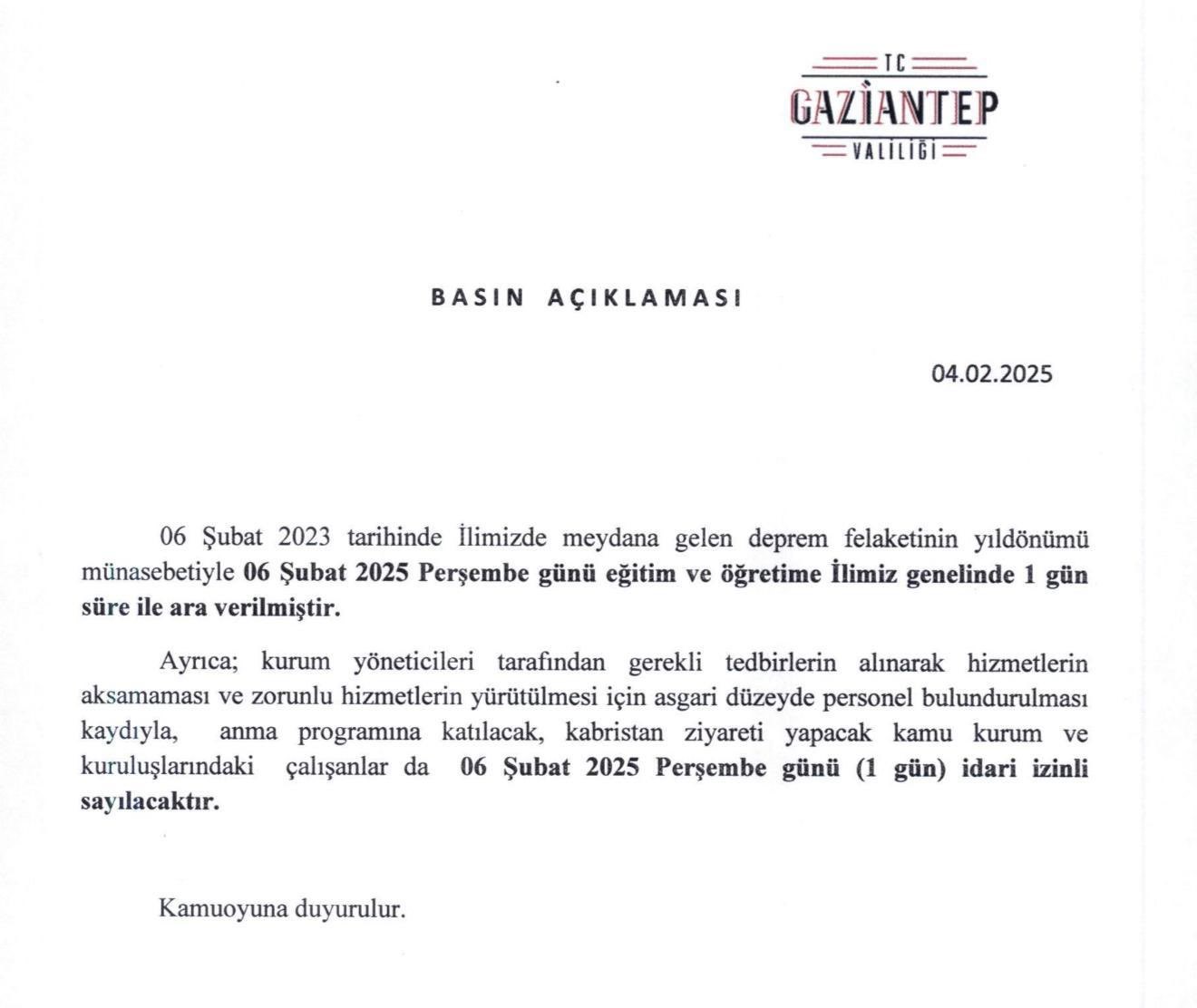 Gaziantep’te deprem yıldönümünde okullar tatil edildi