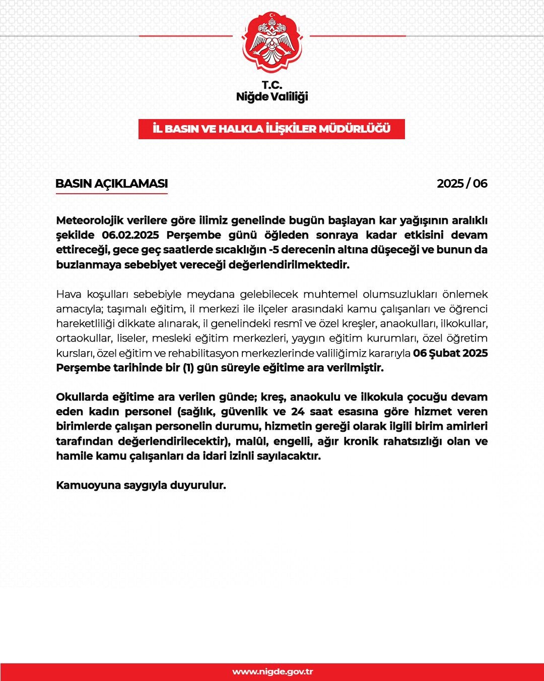 Niğde’de eğitime 1 gün ara verildi