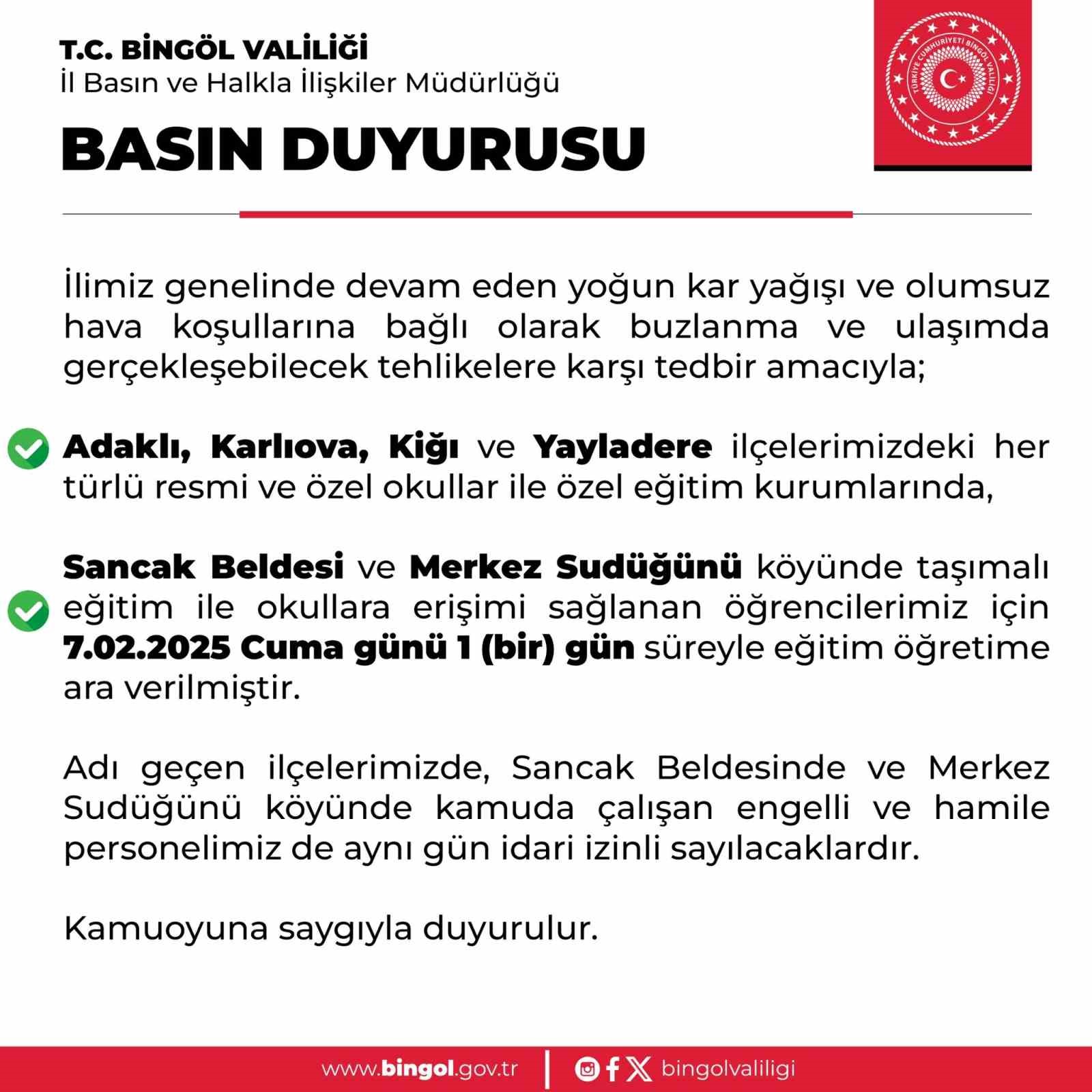 Bingöl’ün 4 ilçesinde eğitime kar engeli