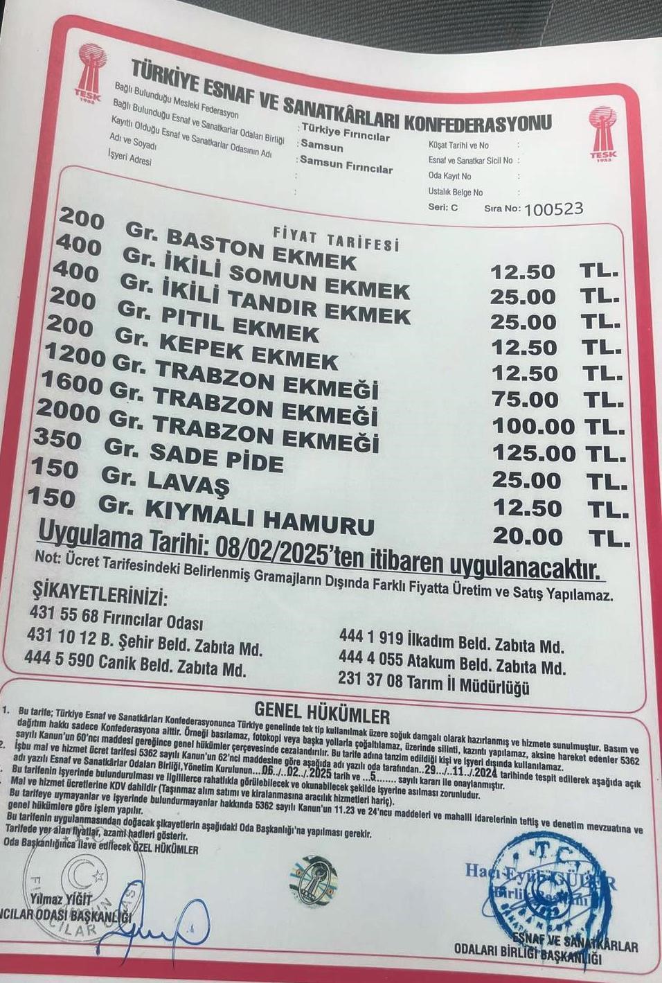 Samsun’da ekmek ve simitte yeni tarife 12,5 TL
