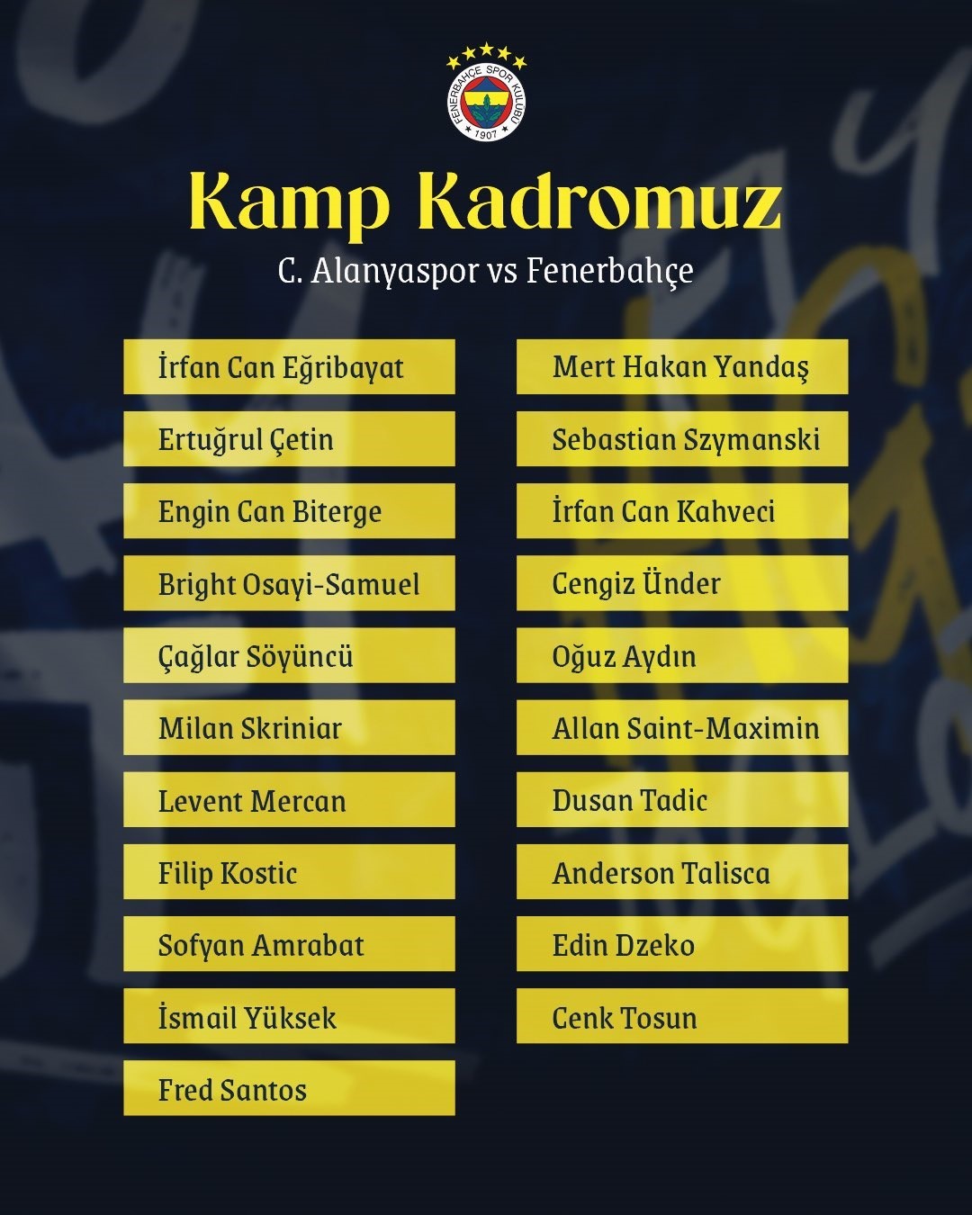 Fenerbahçe’nin, Alanyaspor maçı kamp kadrosu açıklandı