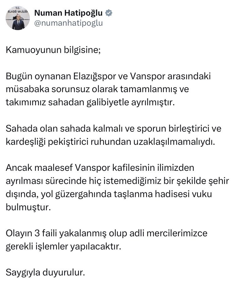 Vali Hatipoğlu: "Olayın 3 faili yakalandı"
