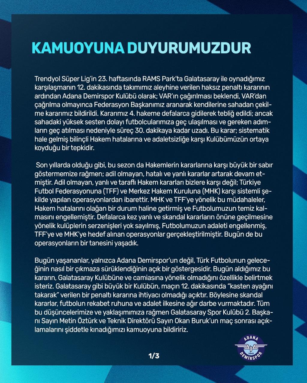 Adana Demirspor: "4. hakeme kararımızı defalarca bildirdik"