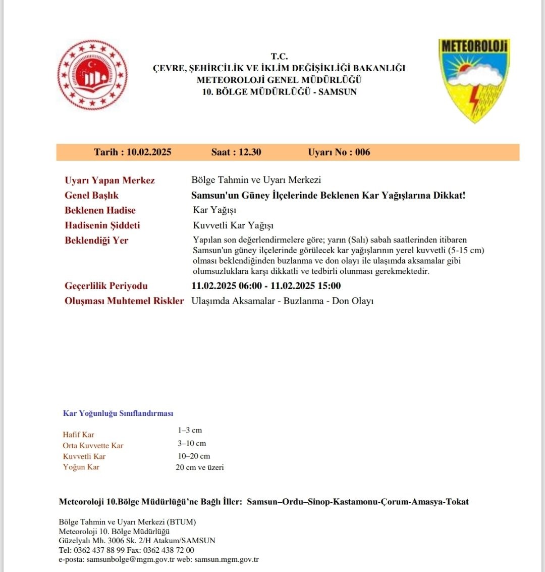 Samsun&rsquo;da kuvvetli kar yağışı uyarısı: G&uuml;ney il&ccedil;elerine dikkat
