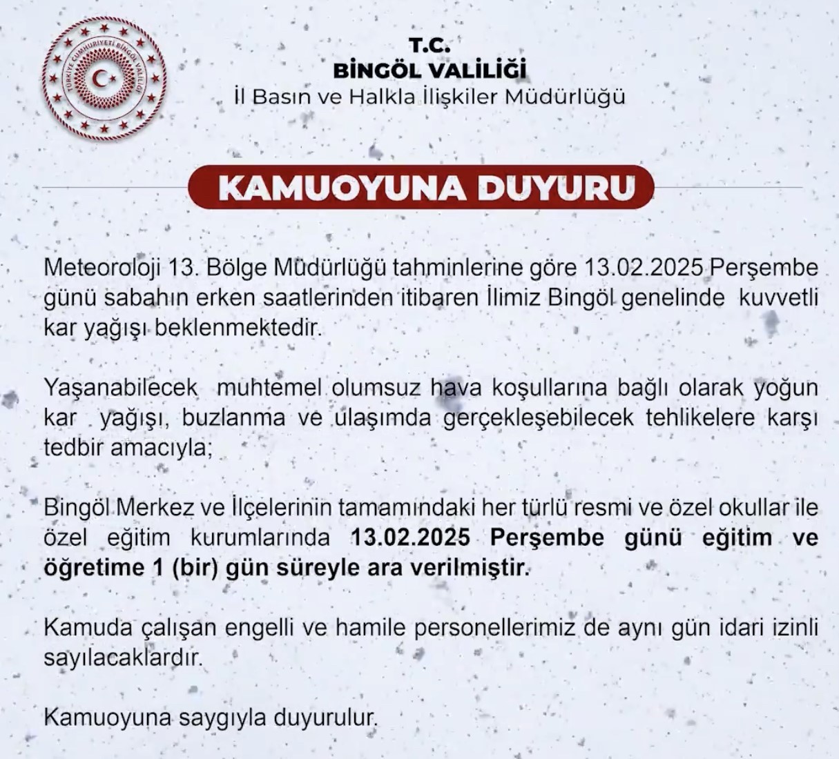 Bingöl’de  eğitime 1 gün ara verildi
