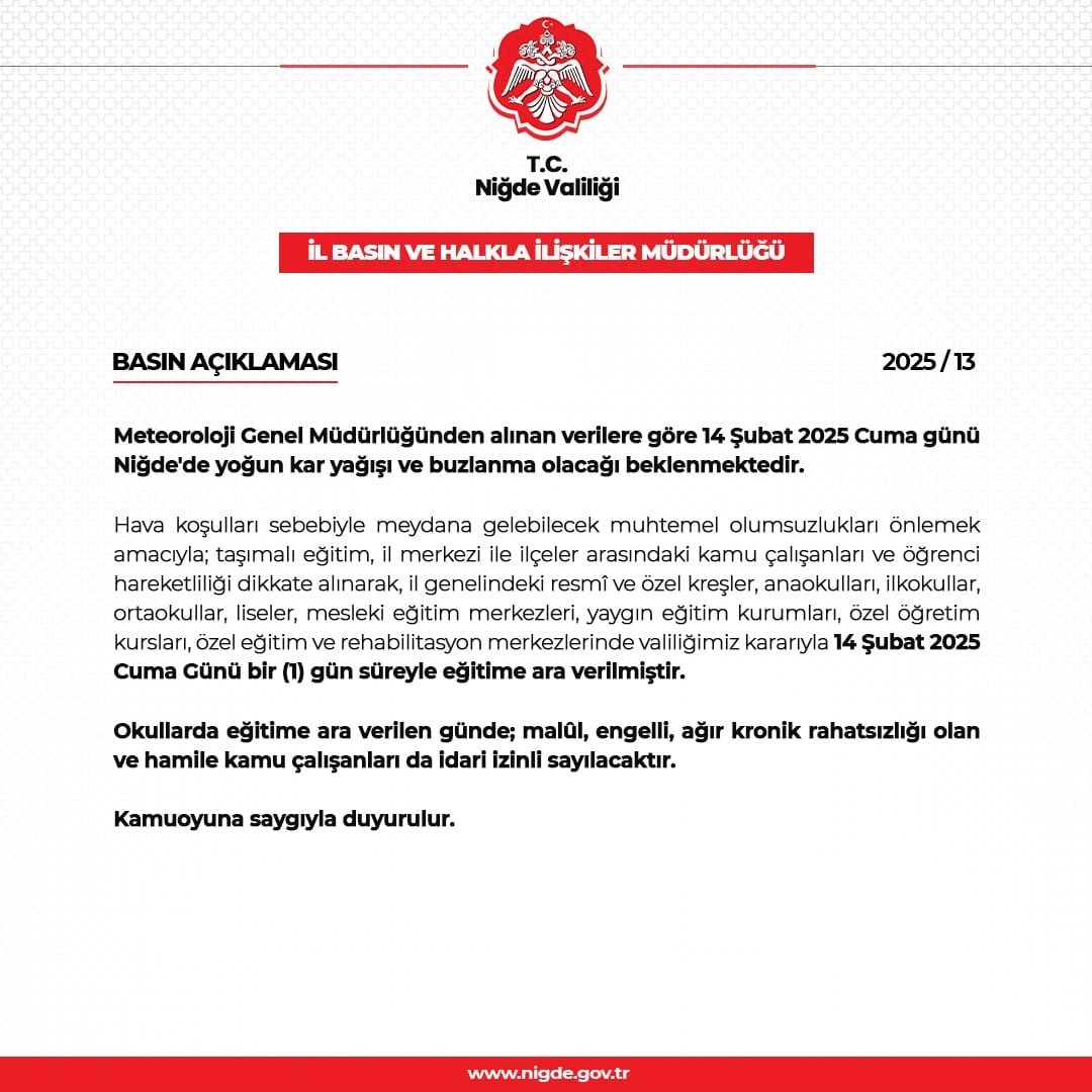 Niğde’de eğitime 1 gün ara verildi