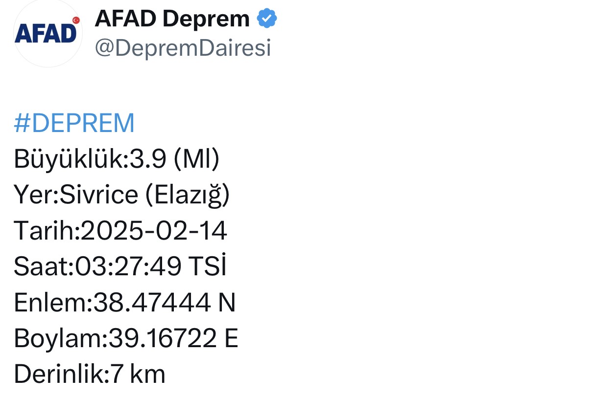 Elazığ’da 3.9 büyüklüğünde deprem