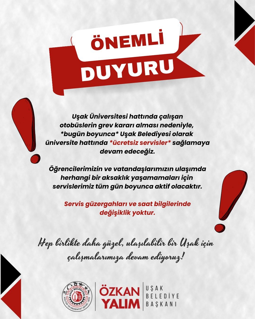 Uşak Belediyesinden &uuml;cretsiz servis duyurusu

