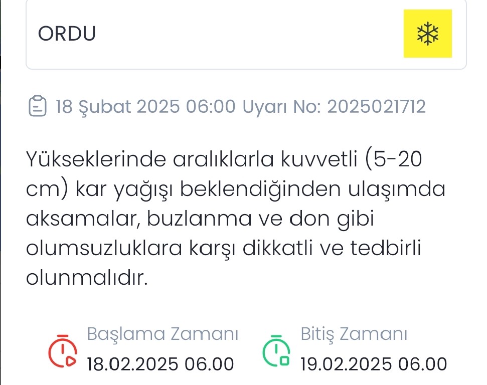 Orta Karadeniz için kuvvetli kar yağışı uyarısı