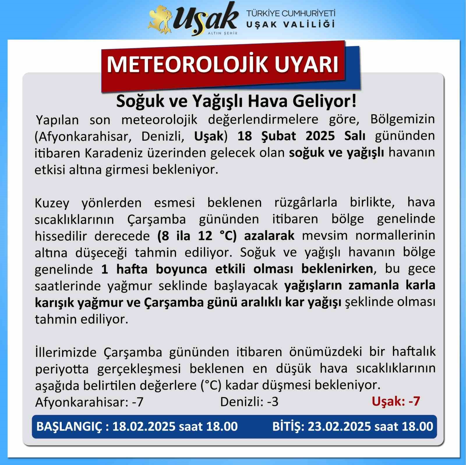 Uşak Valiliğinden soğuk ve yağışlı hava için uyardı