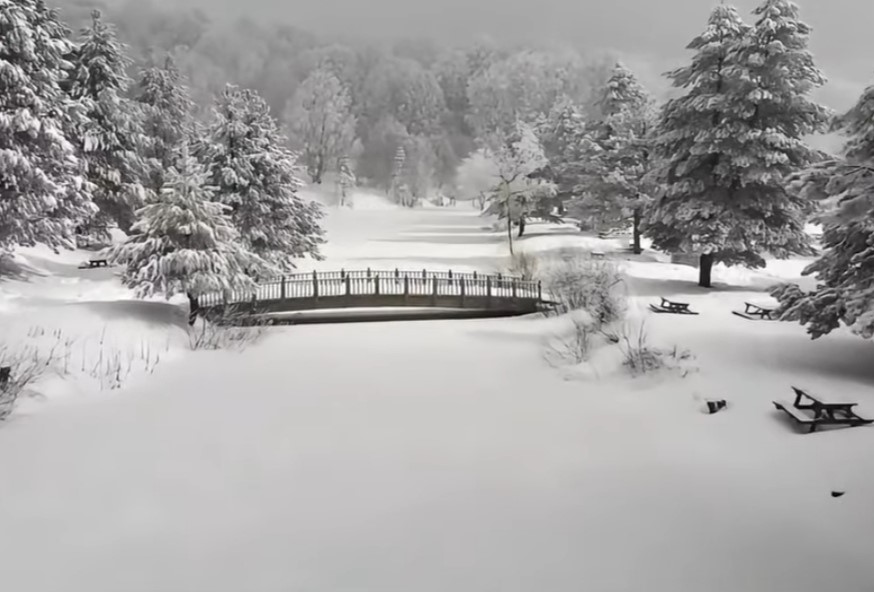 Domaniç Topuk Yaylası Tabiat Parkı’nın karla kaplı güzelliği havadan dronla görüntülendi